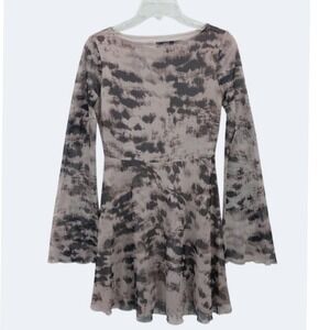 Cyber Y2K Marble Print Mesh Sheer Bell Sleeve Mini Dress Small Flared Whimsigoth